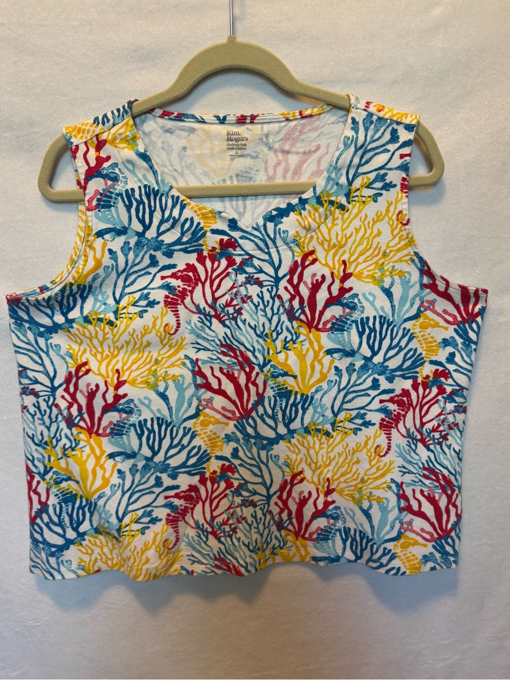 Kim Rogers Tank Top Large Sleeveless Coastal Coral Reef Beachy Scoop Neck Summer